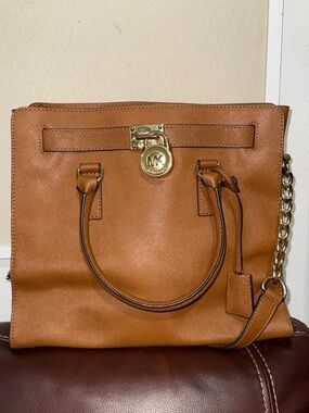 Michael Kors Saffiano Satchel in Cognac Brown with Gold Hardware